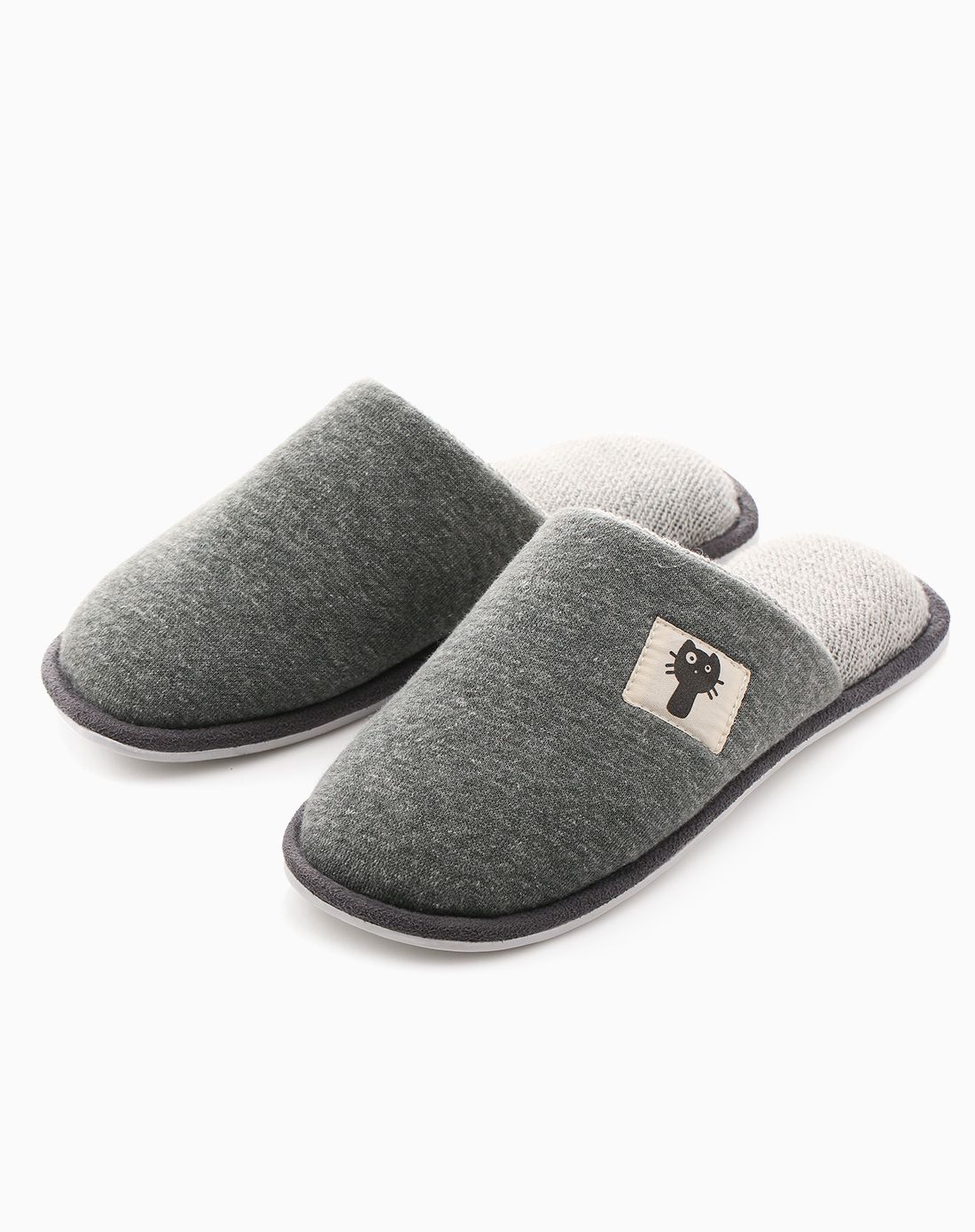日式棉麻,简约小猫,女款灰色保暖拖鞋
