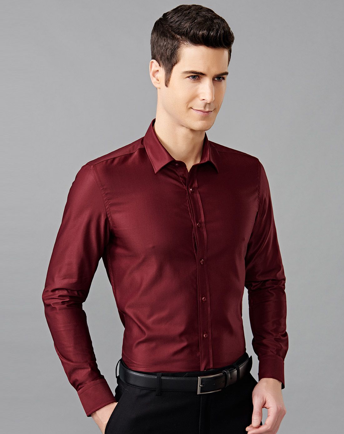 酒红色纯色韩版修身长袖衬衫