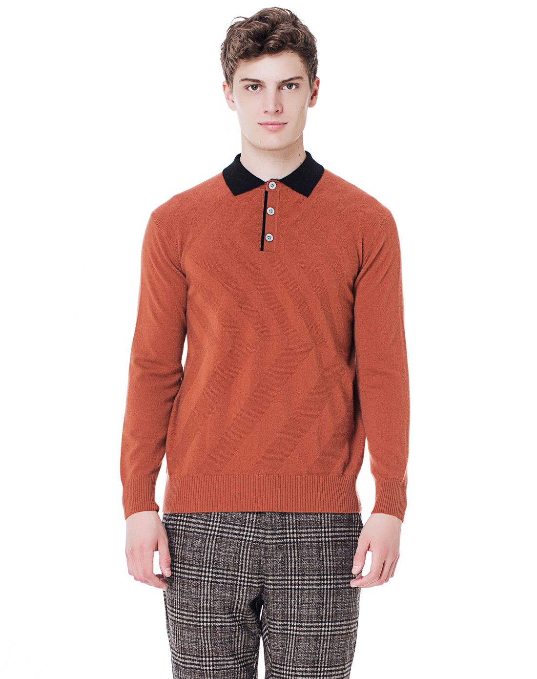 男红棕暗折条100%羊绒polo领套衫