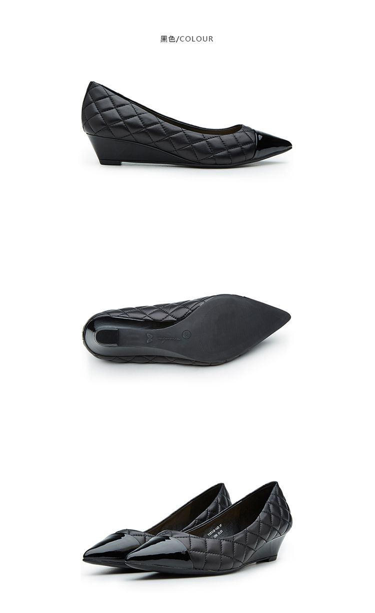 蹀愫浅蓝色羊皮小香风菱格小坡跟浅口单鞋