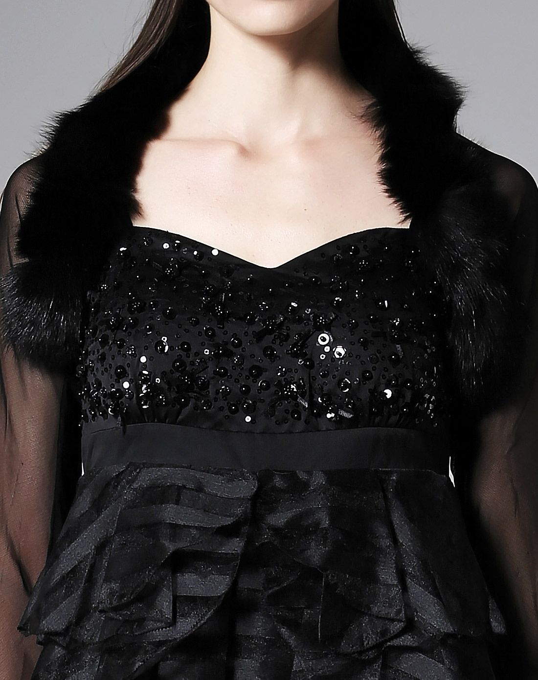 狐狸毛拼网眼布礼服披肩黑色