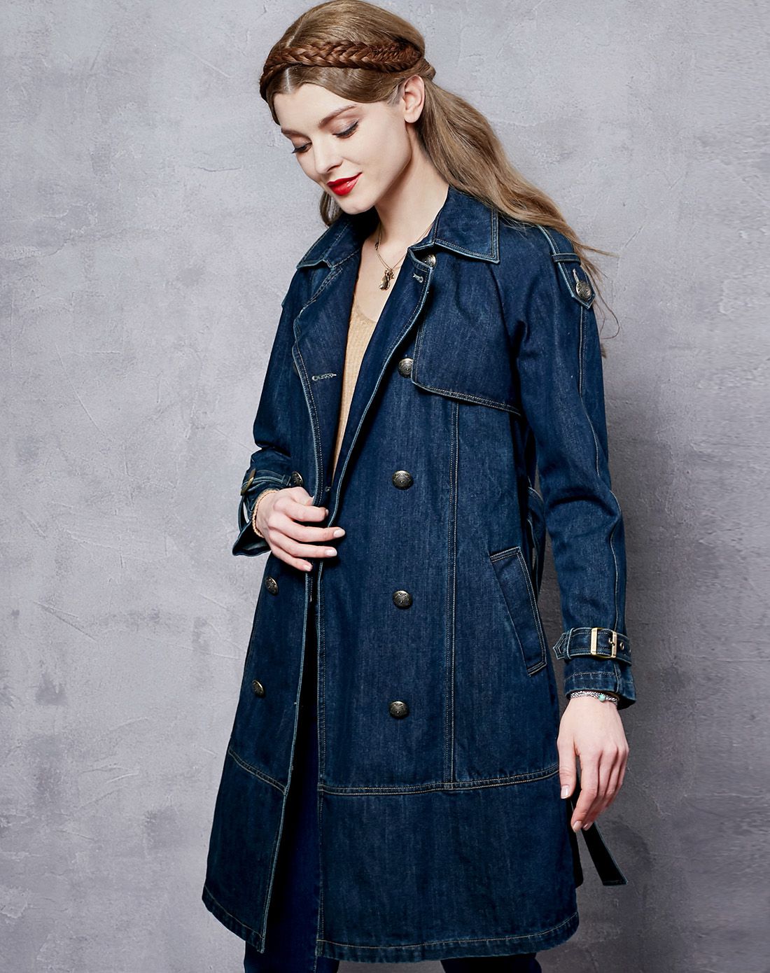 百搭立领双排扣牛仔风衣