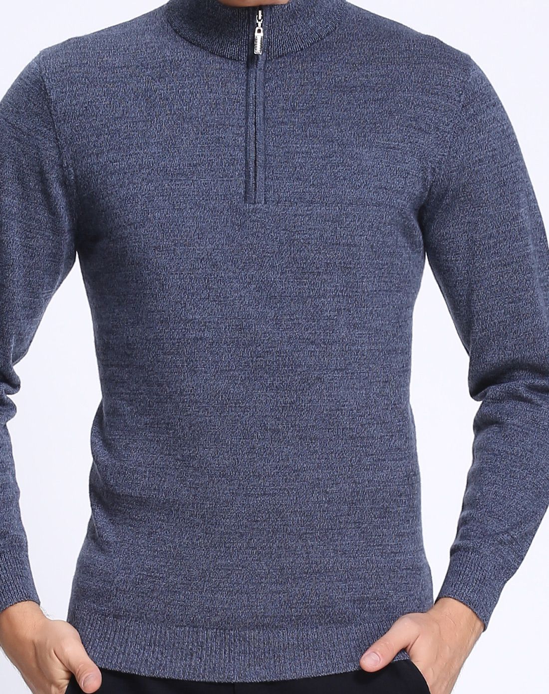 男款浅兰上青休闲半拉链羊毛衫