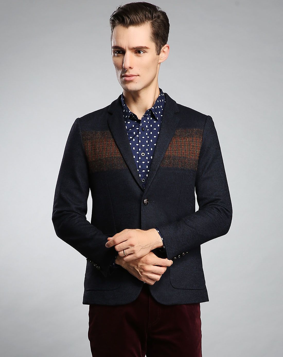 felix buhler羊毛棉混纺时尚拼接儒雅简约休闲单西s4418112-400_唯品