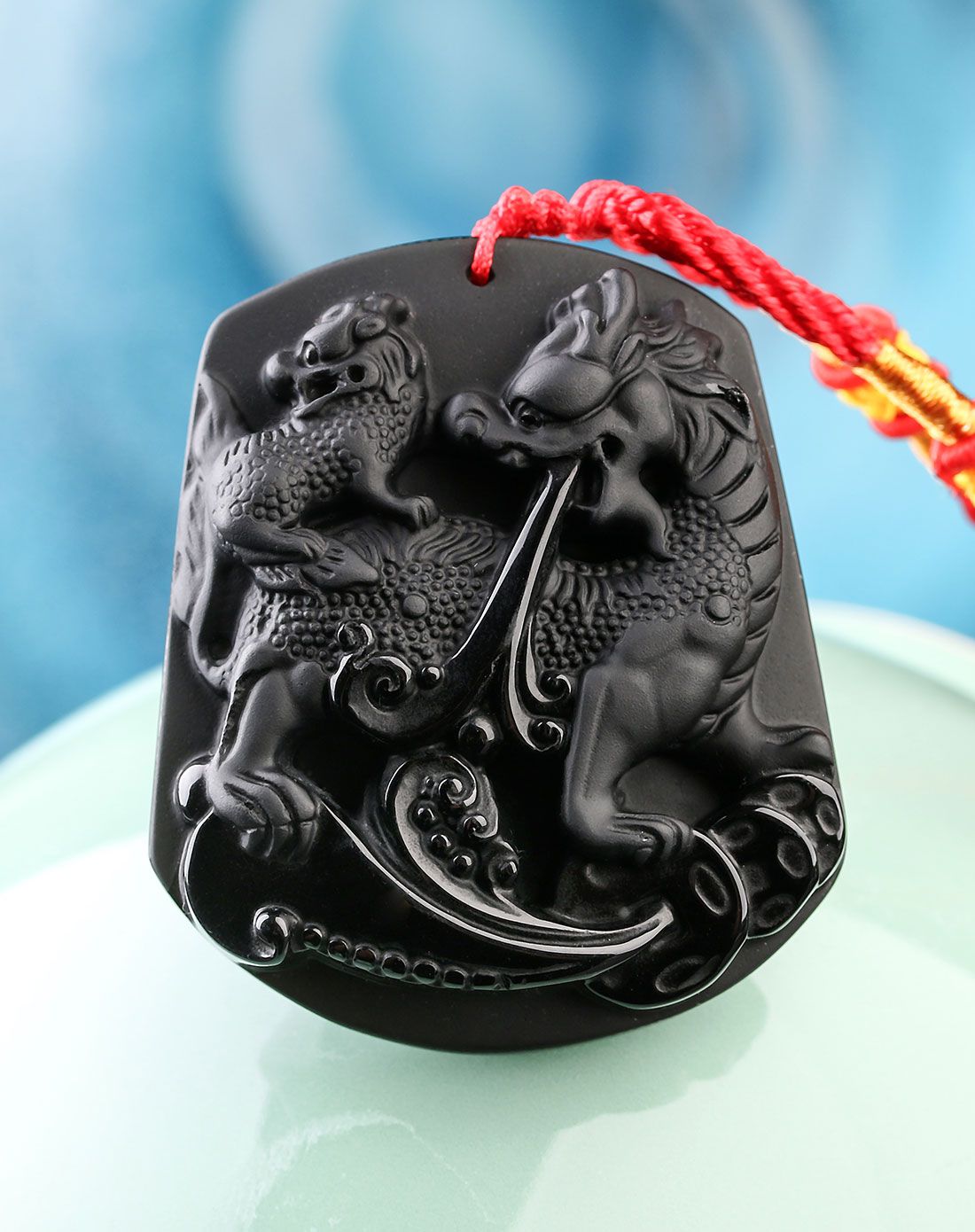 一生一石 麒麟送子天然黑曜石磨砂吊坠