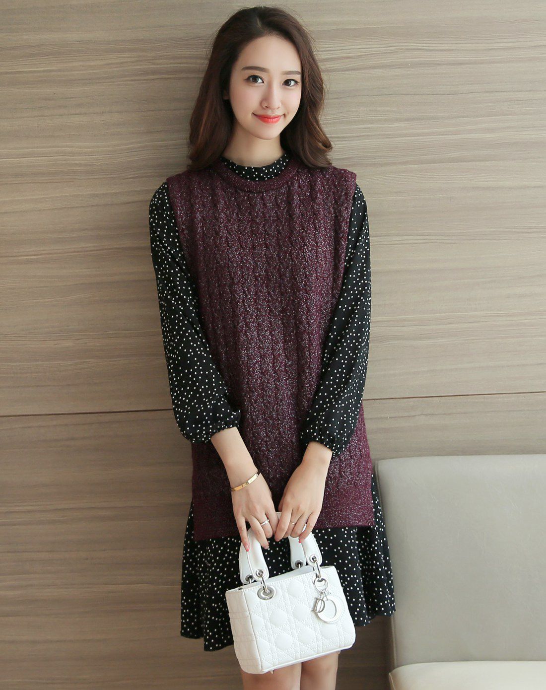 女蓝色针织马甲搭圆点连衣裙套装