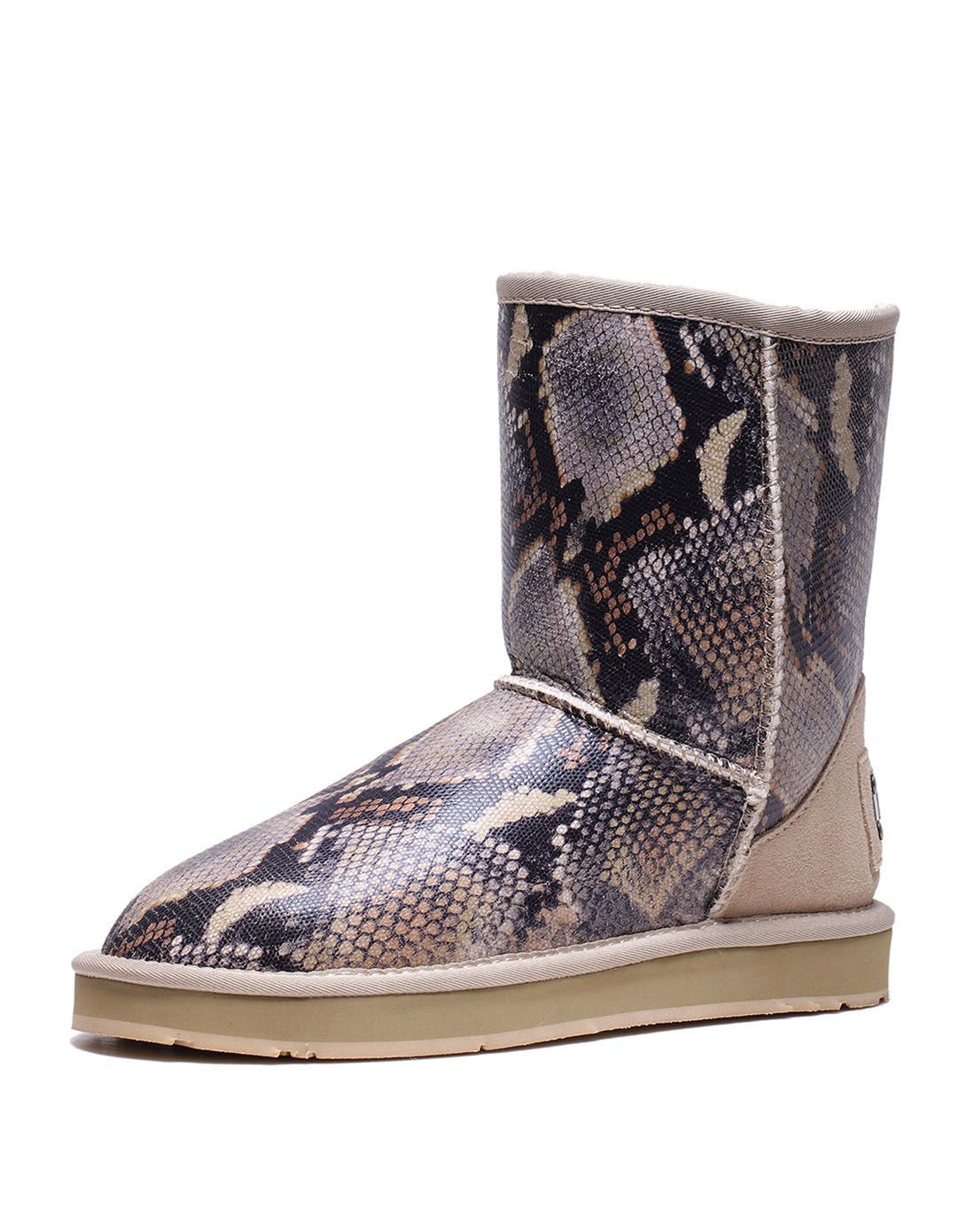 沙色 蛇纹工艺羊皮毛一体雪地靴