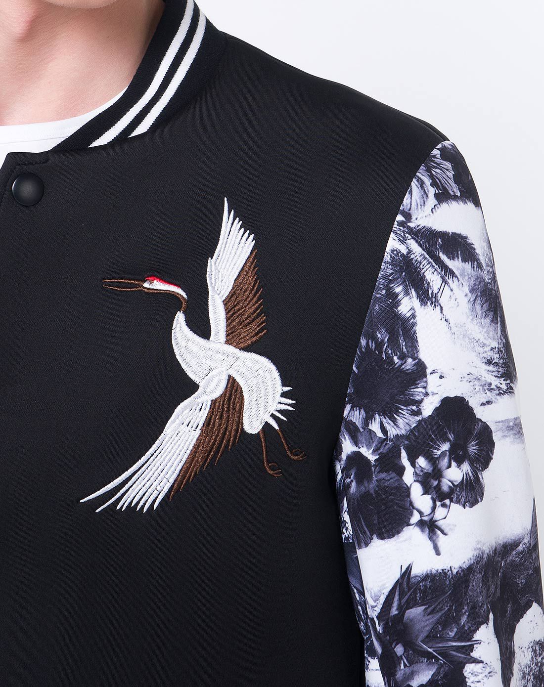 黑色长袖仙鹤刺绣卫衣棒球服外套