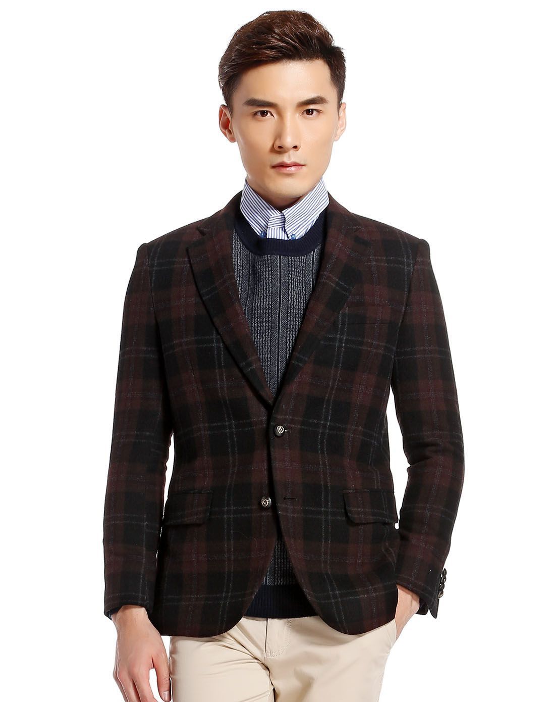 商务休闲暗格纹羊毛单西