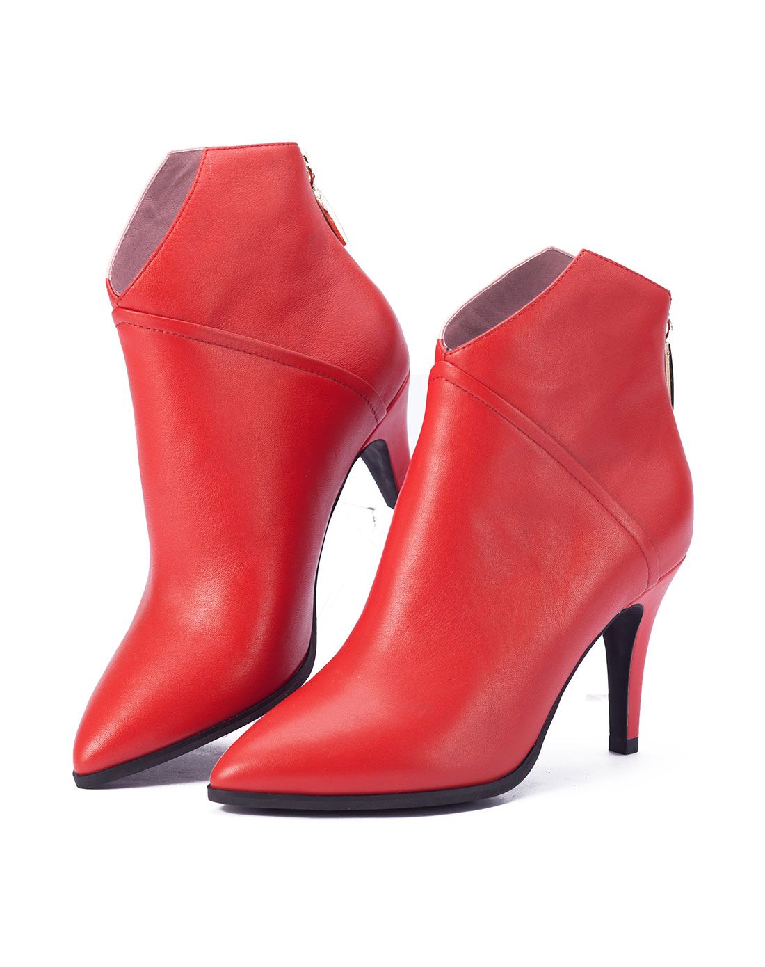 2016冬季新品红色牛皮欧美尖头高跟短靴