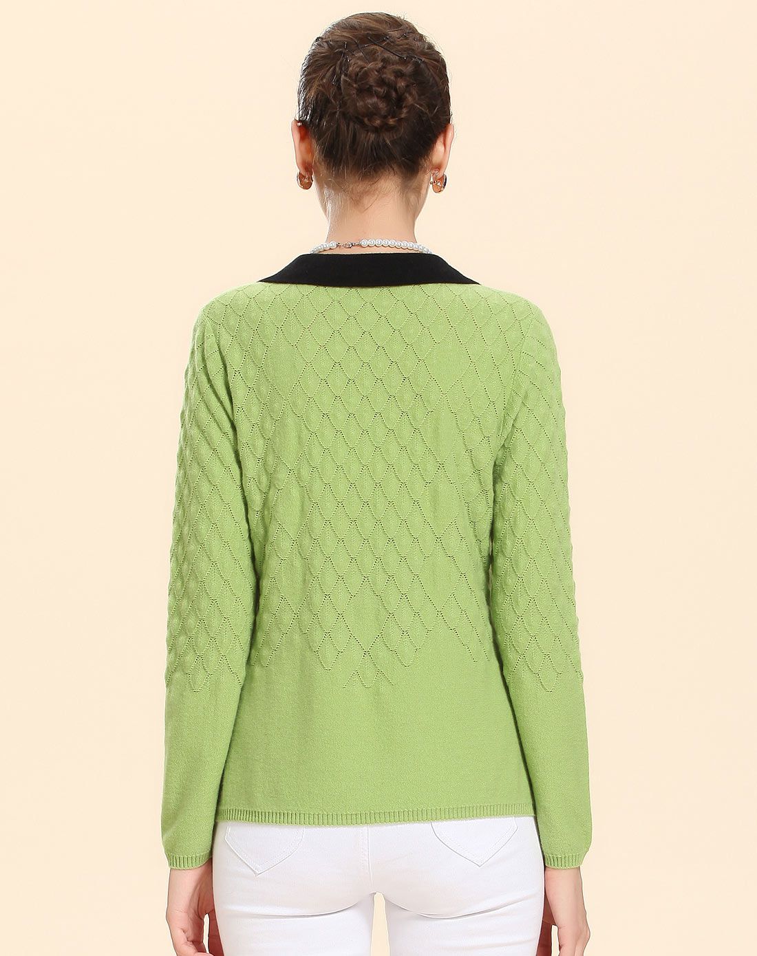 女款浅草绿娃娃领长袖纯羊绒衫