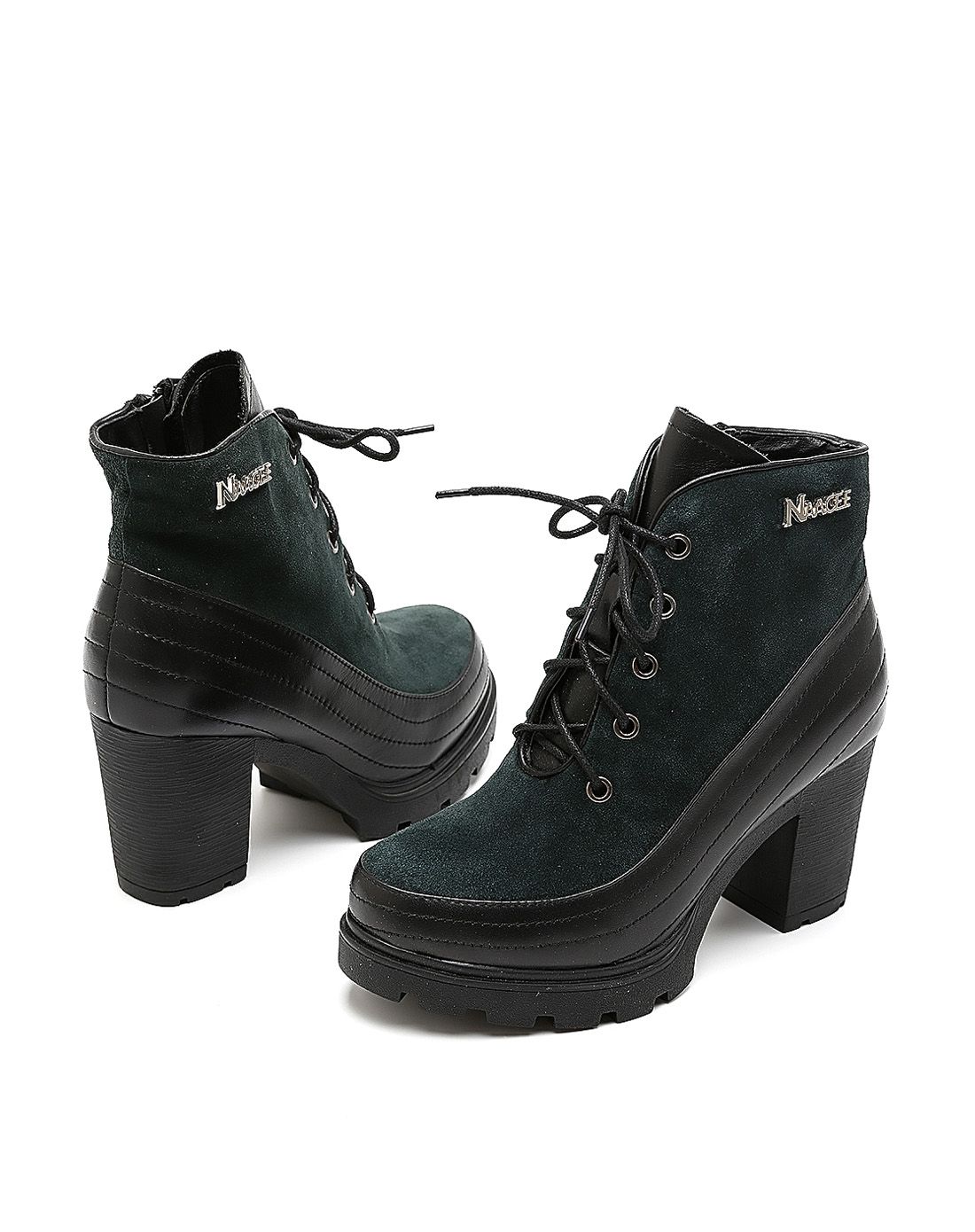 talia女鞋清仓专场绿色牛皮时尚拼接中跟厚底舒适短靴13981300317