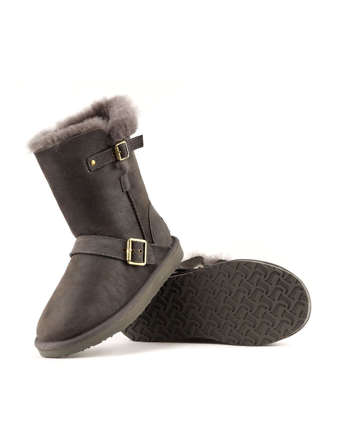 女款炭灰搭扣羊皮毛一体女经典雪地靴
