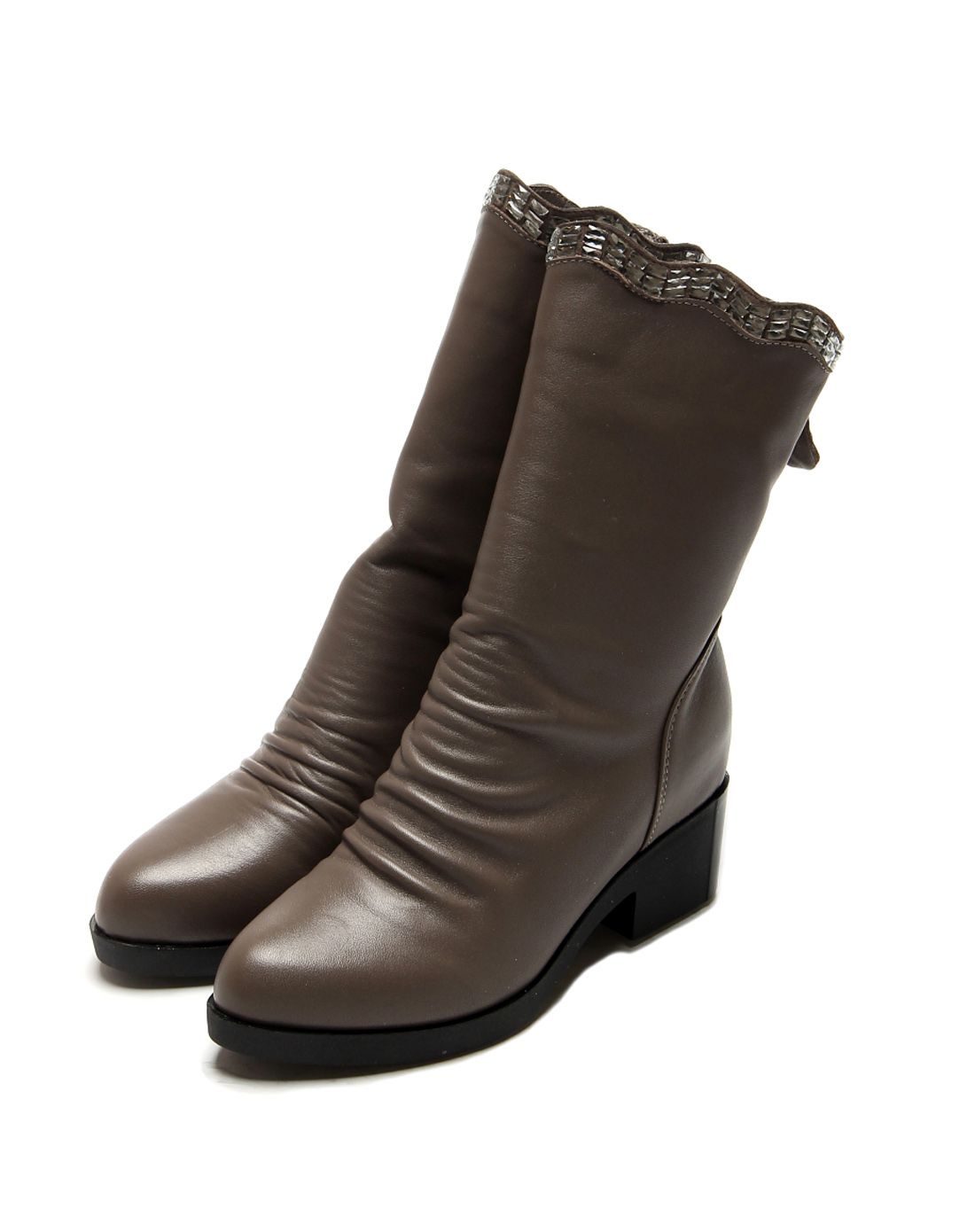 灰色牛皮鞋口闪钻装饰褶皱处理女士中靴