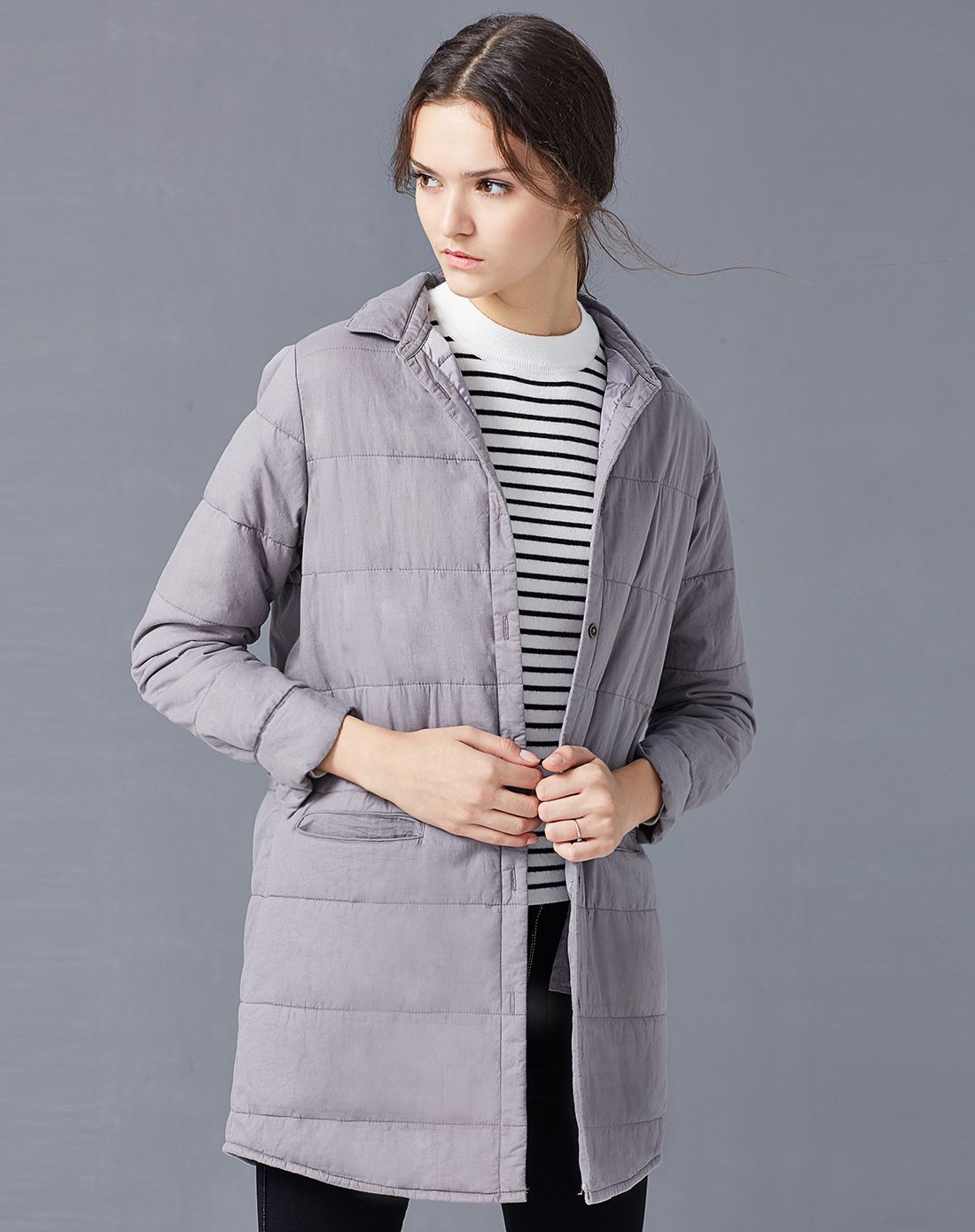 灰色压横纹衬衫式薄棉衣