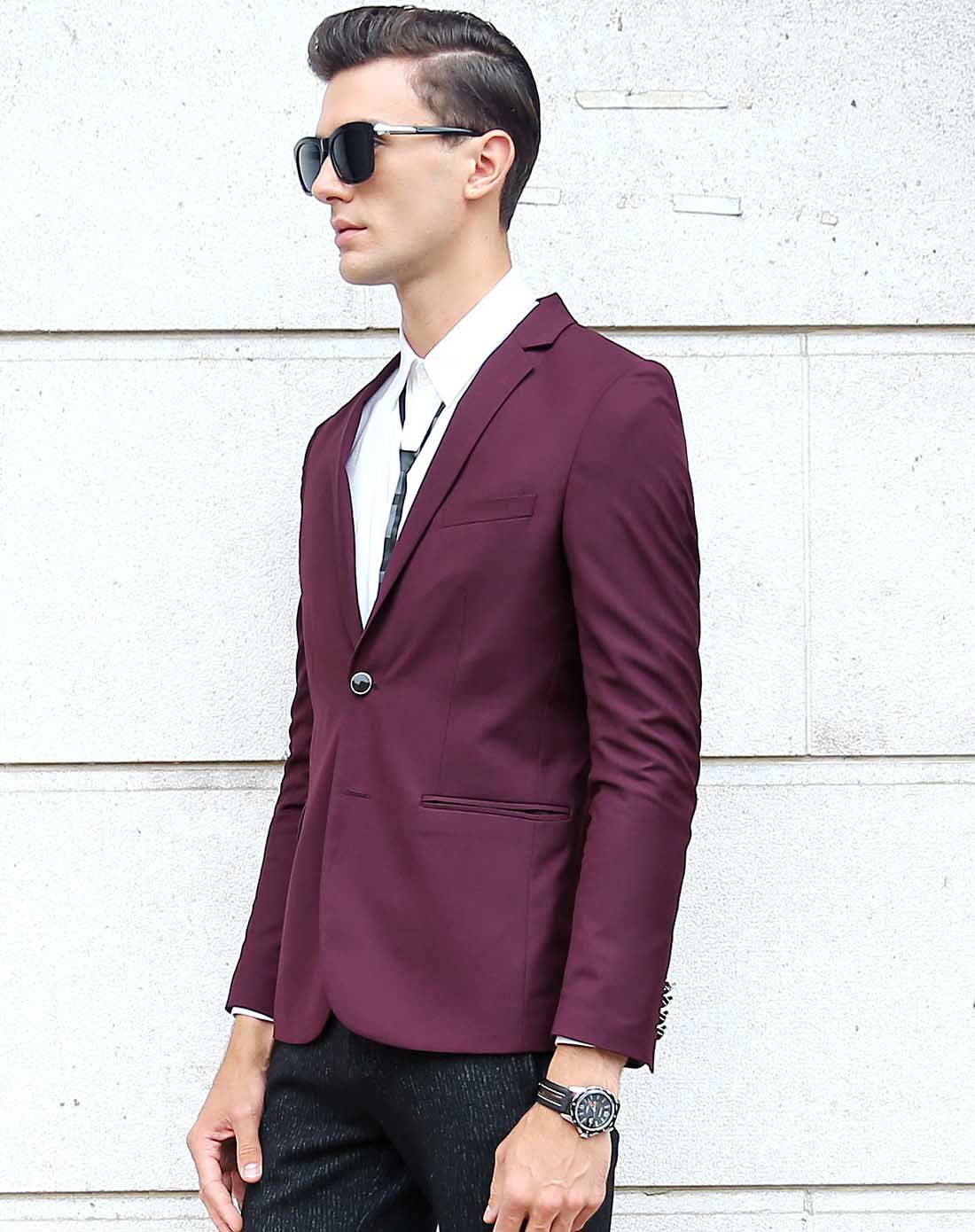 轻奢男士紫红色休闲修身西服