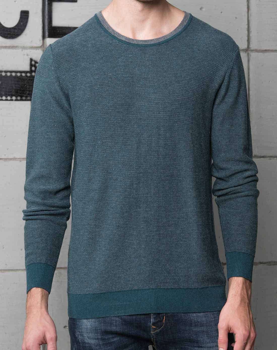 男款墨绿灰条圆领羊毛衫