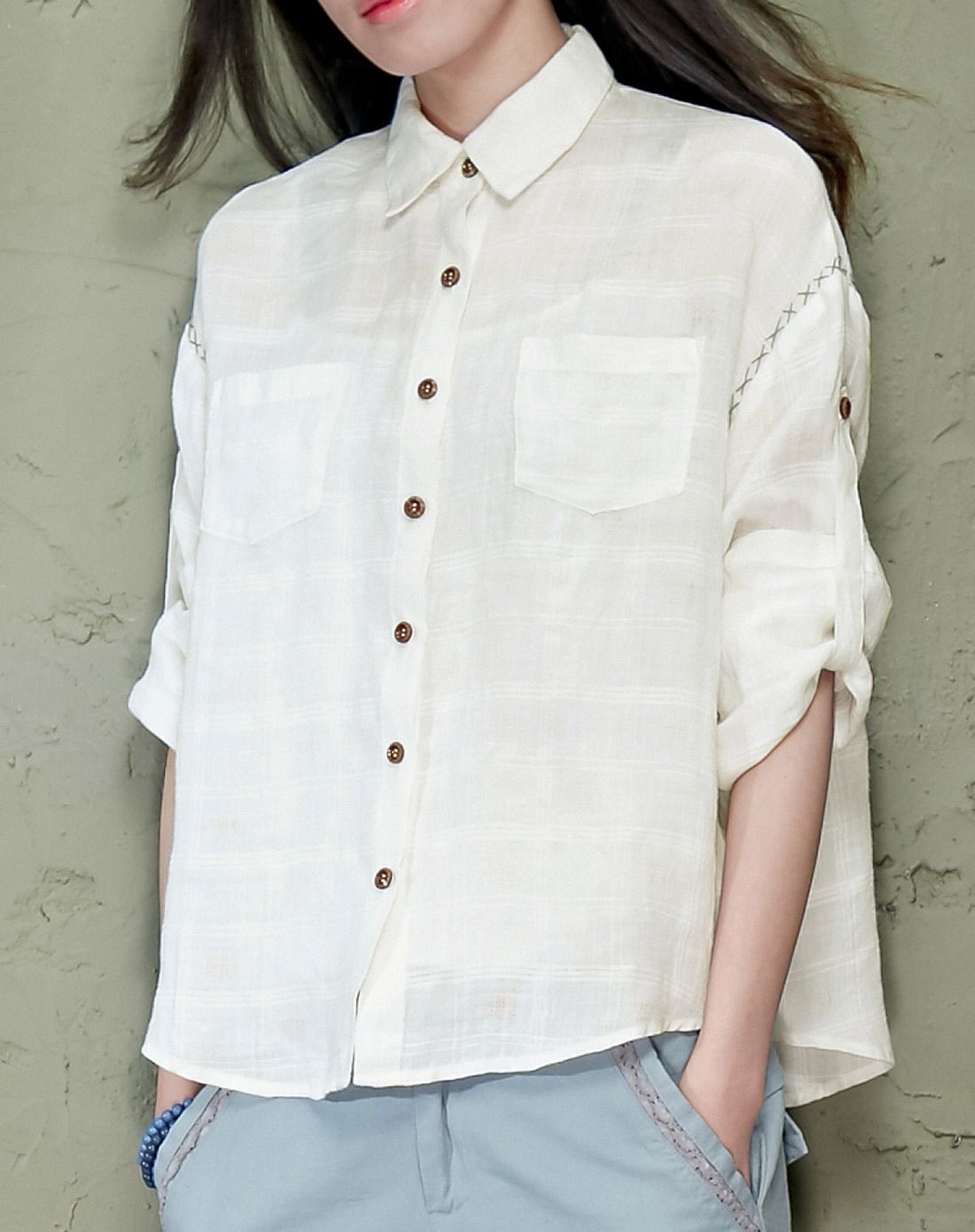 私时间 纯色小翻领落肩衬衫