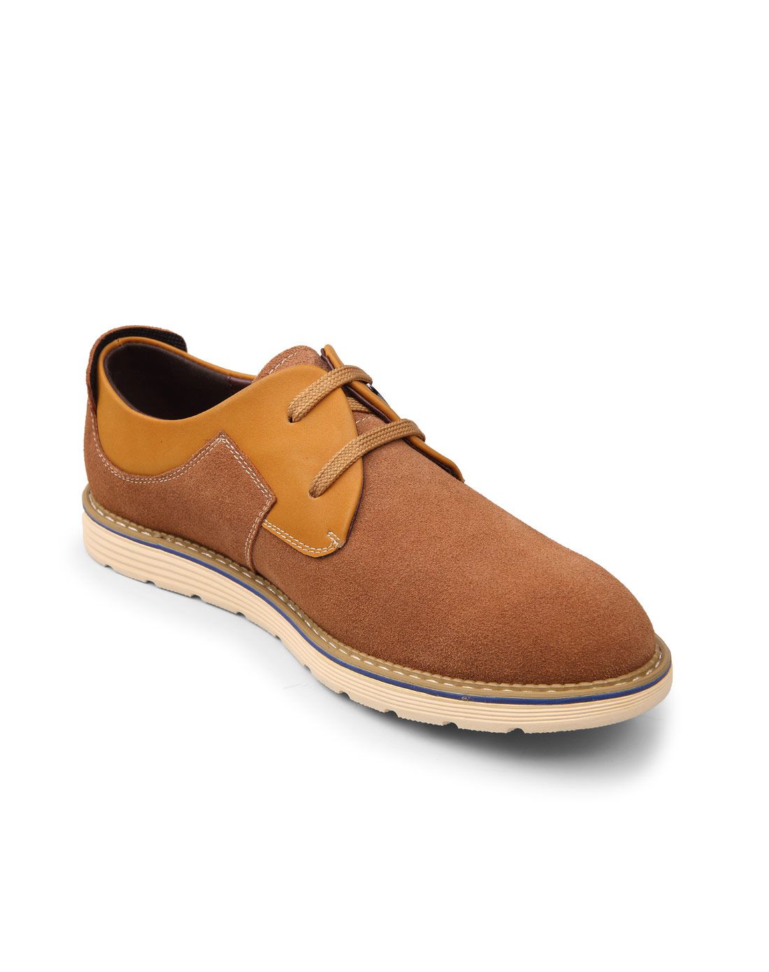 杏仁黄圆头系带休闲反绒皮鞋