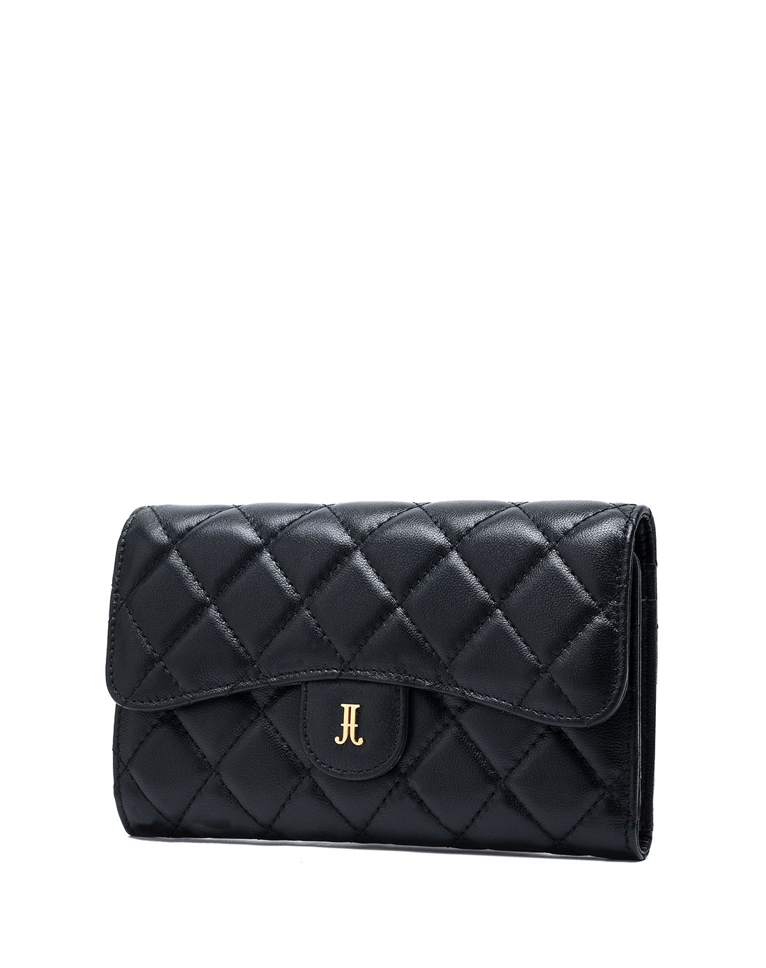 羊皮菱格纹经典时尚长款钱包摩卡黑