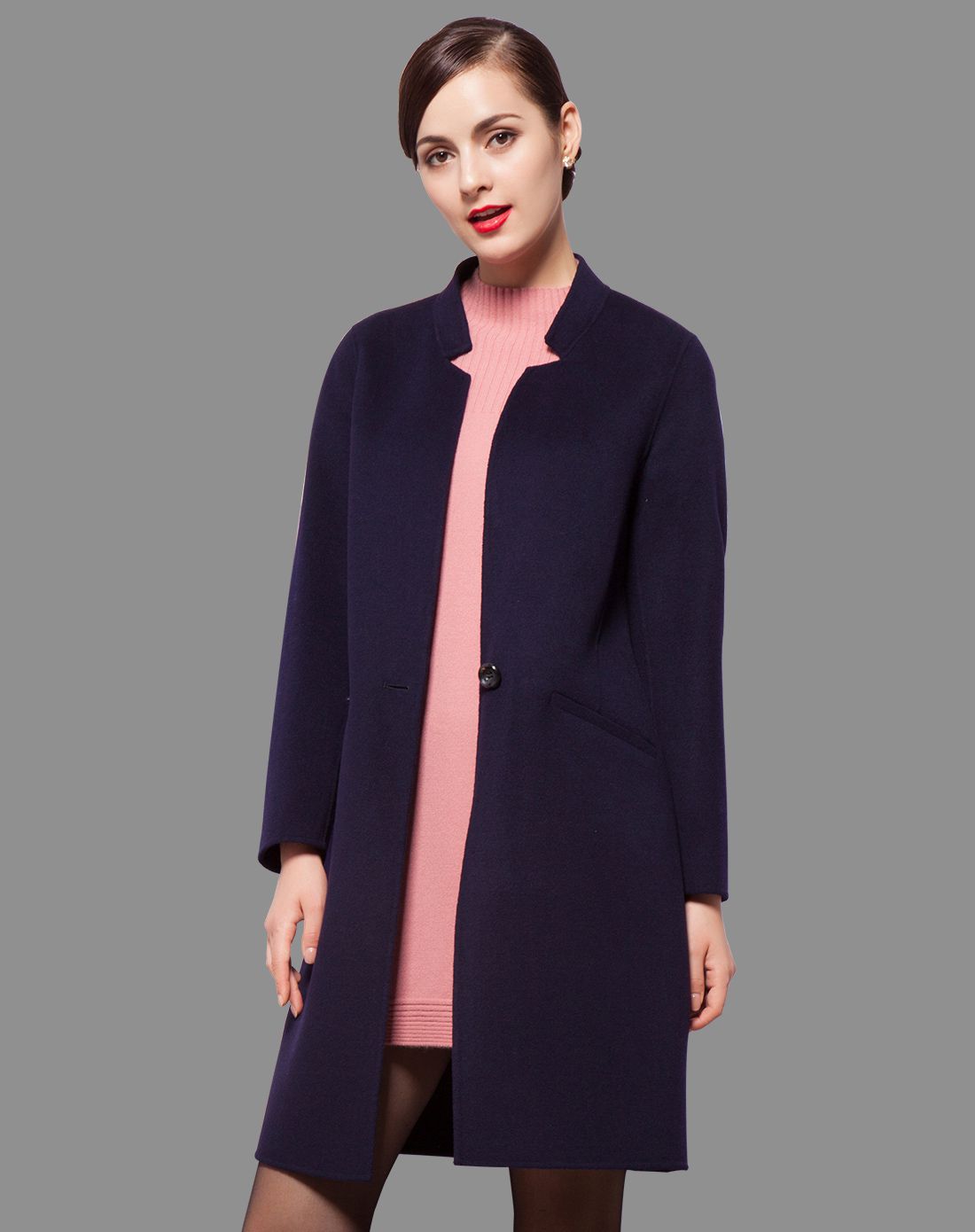 女式藏青色立领双面呢外套