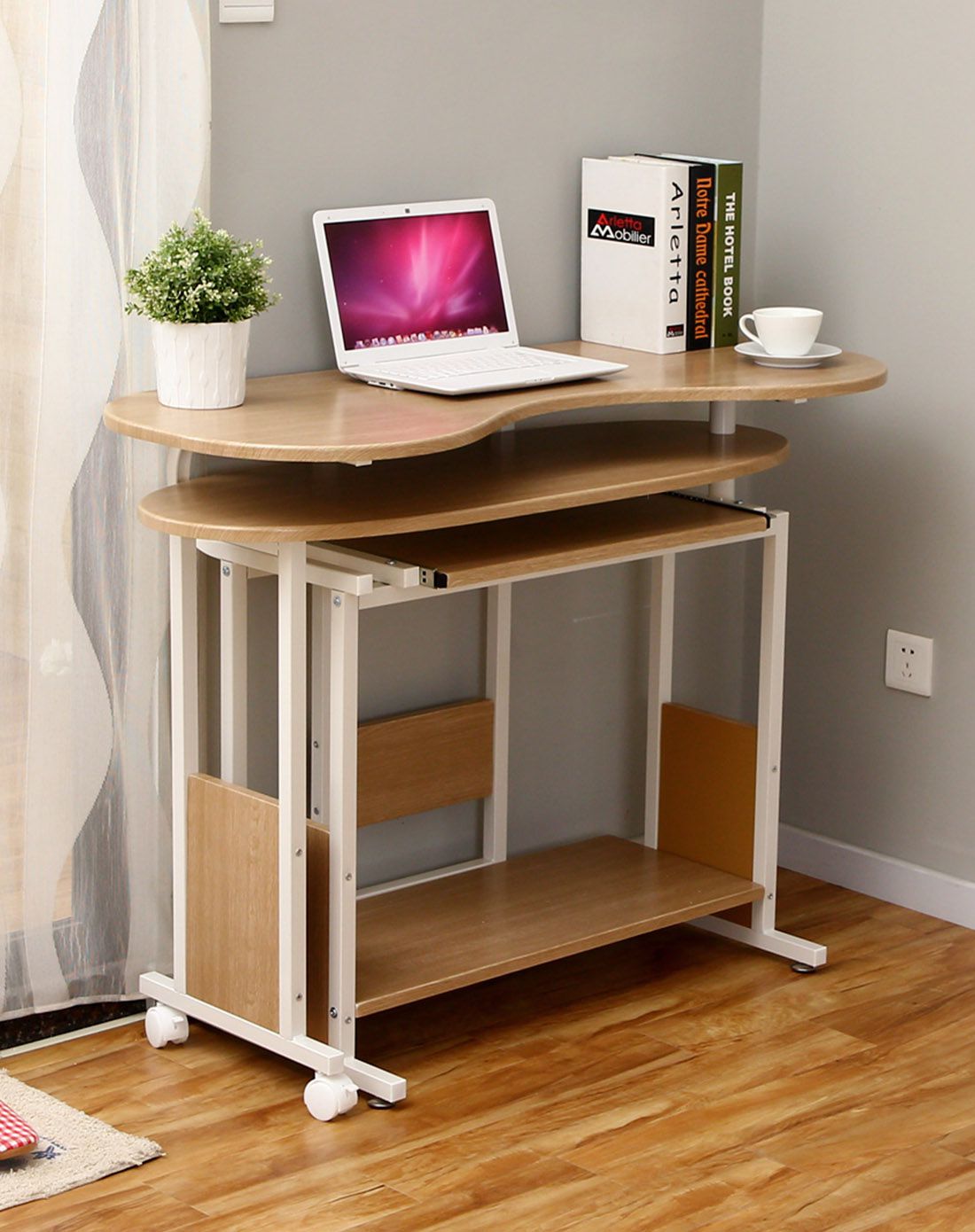 橡木色可移动折叠旋转电脑桌