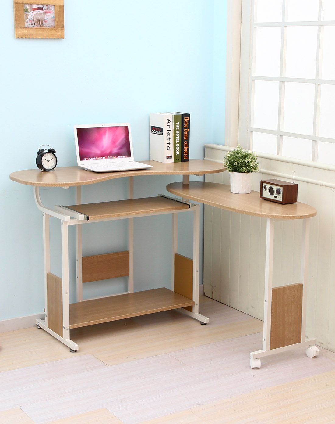 橡木色可移动折叠旋转电脑桌