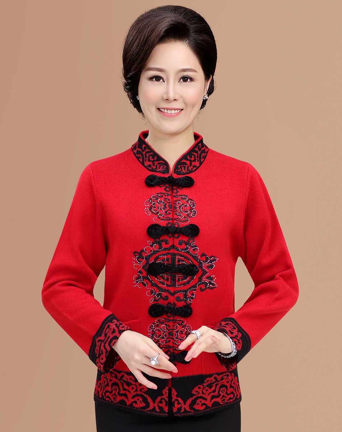 福玛玛女装专场 玫红色喜庆唐装盘扣烫钻针织外套 运费 (订单满288免