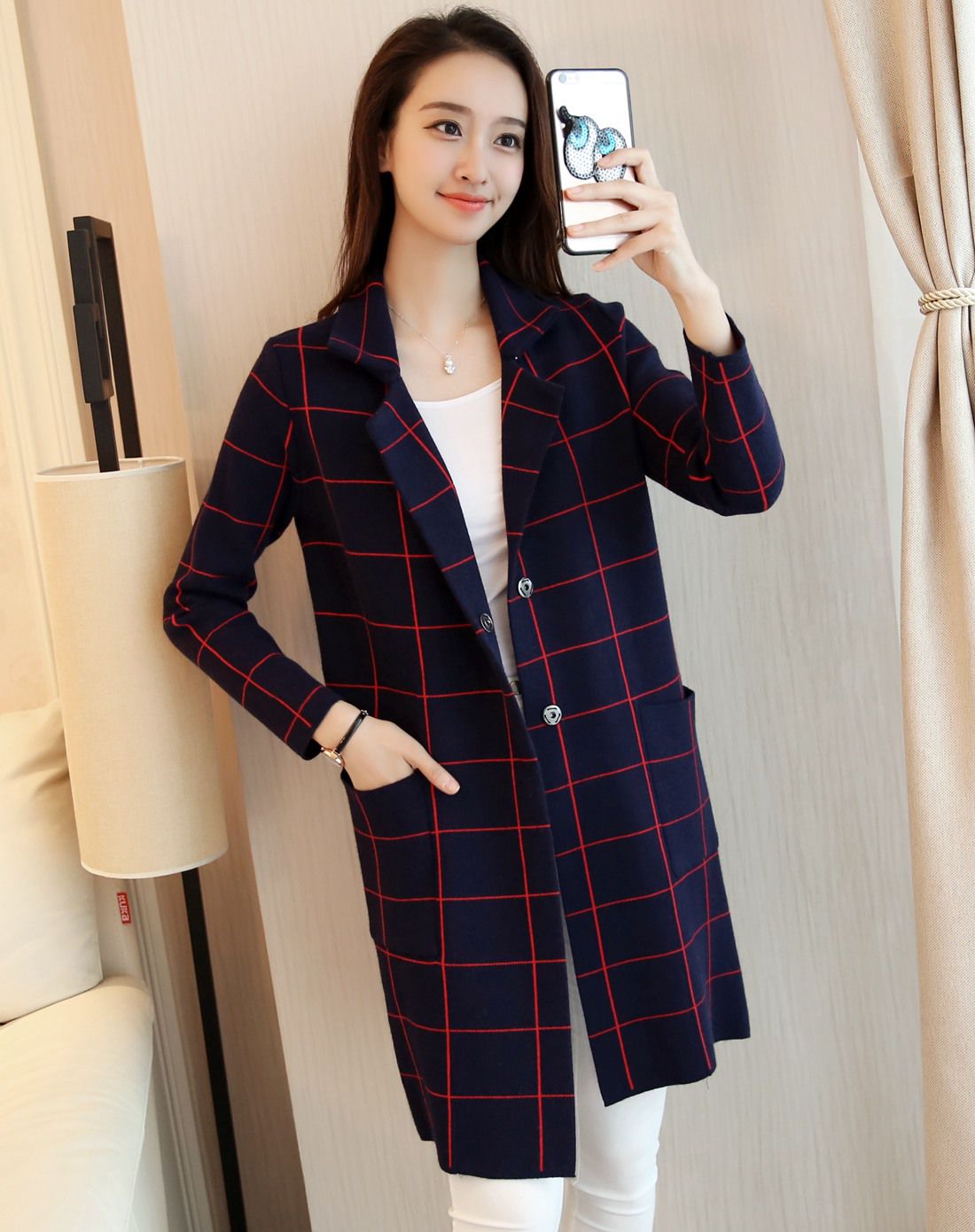 韩版格子翻领针织开衫外套