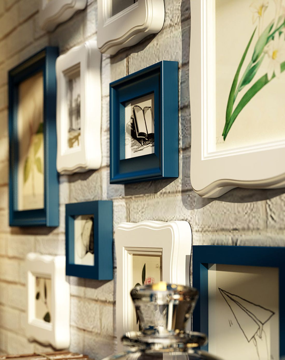 波浪纹蓝白混搭多框组合照片墙