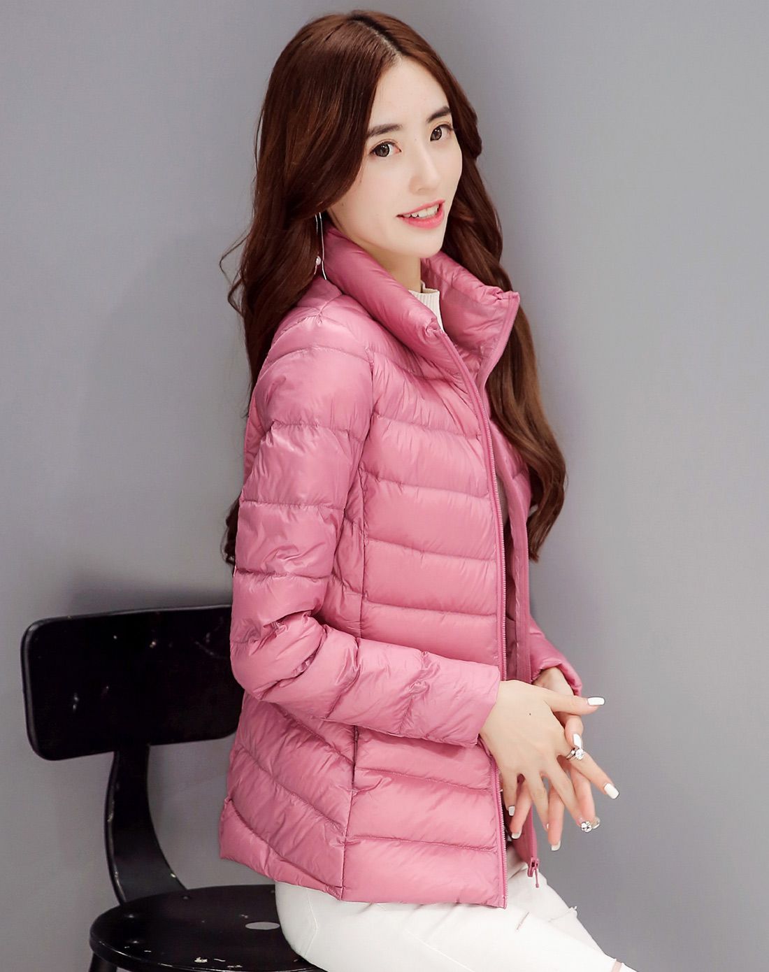 女玫粉色长袖纯色羽绒服
