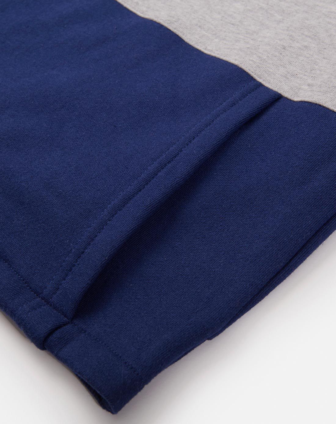 男童深宝蓝拼色连帽针织抓毛套头卫衣