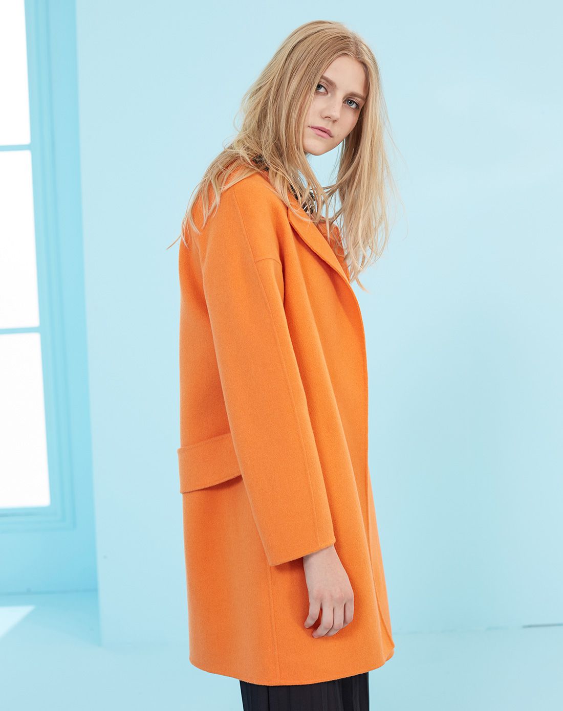 山羊绒中长款休闲双面女大衣蜜橙色
