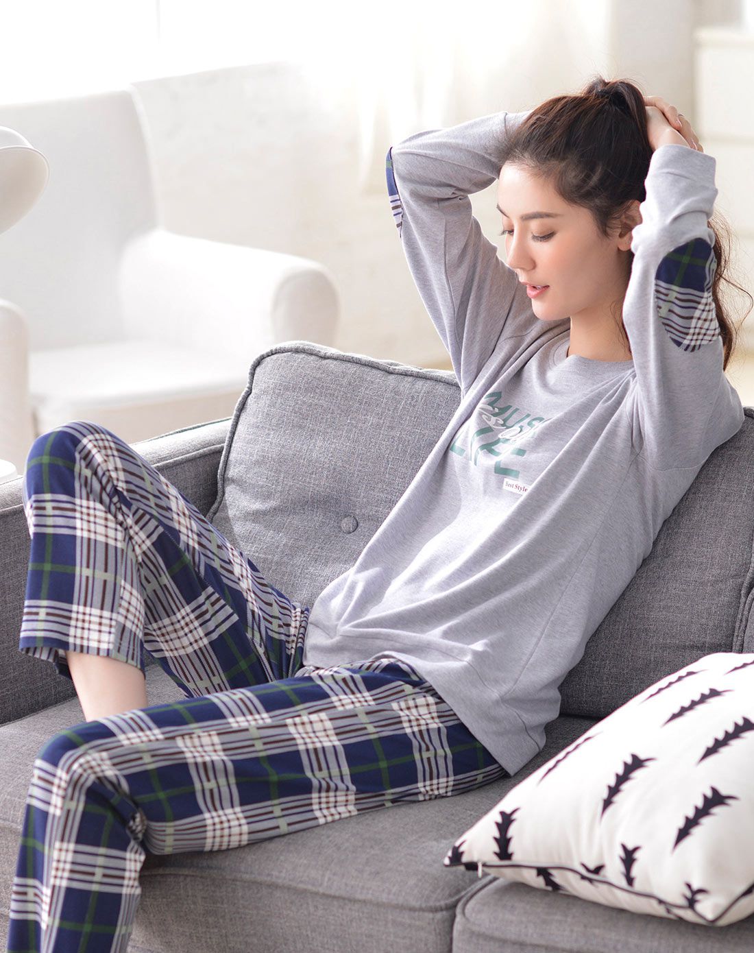 灰色情侣女款格子休闲居家服套装