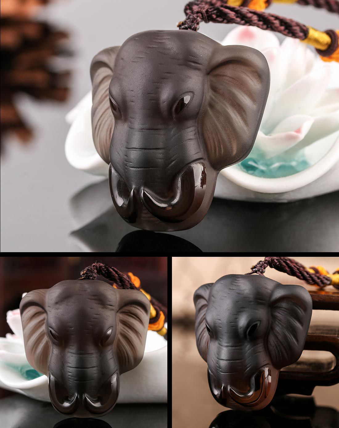 一生一石 万象更新天然冰晶黑曜石象头吊坠