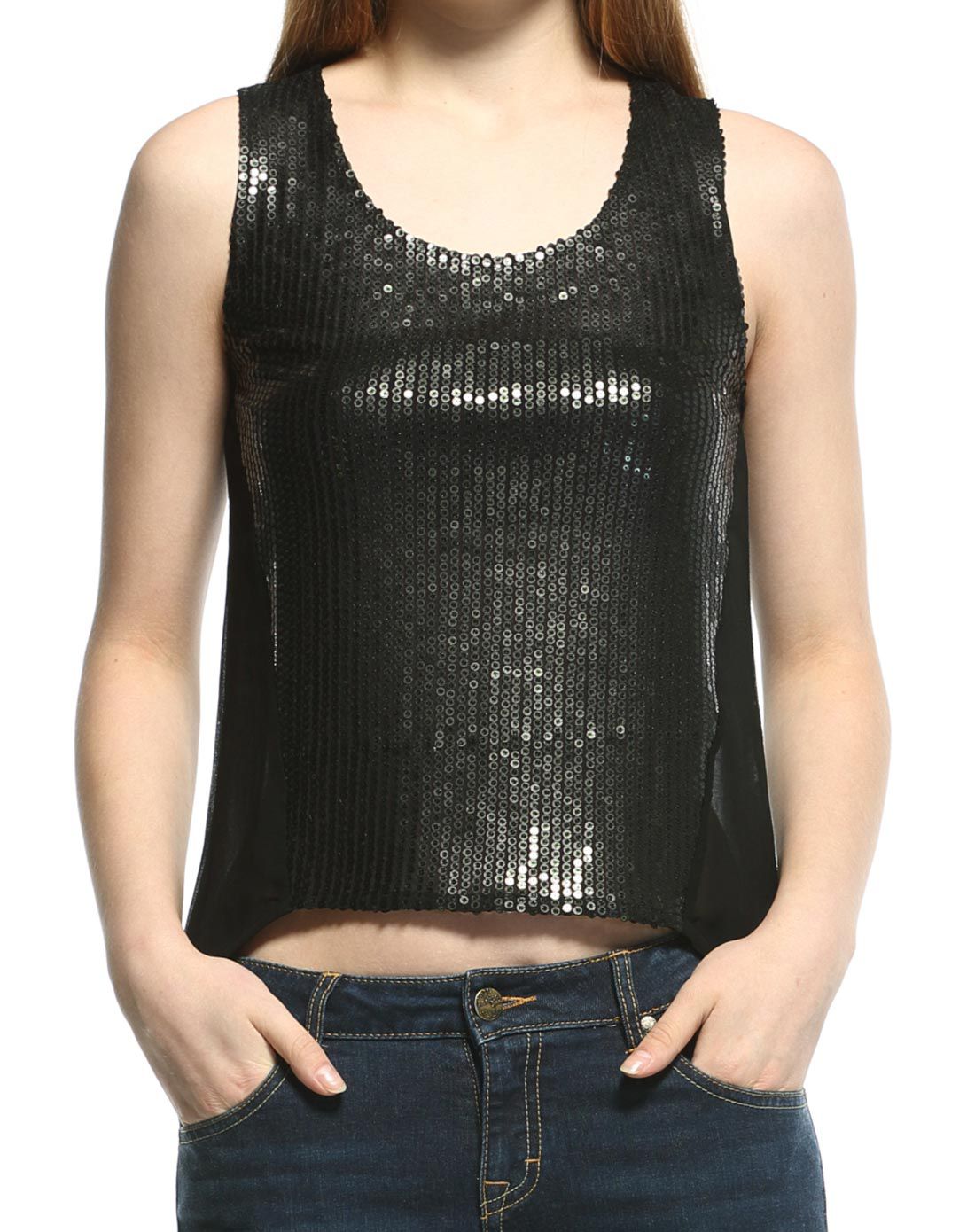 时尚性感修身亮片透视背心