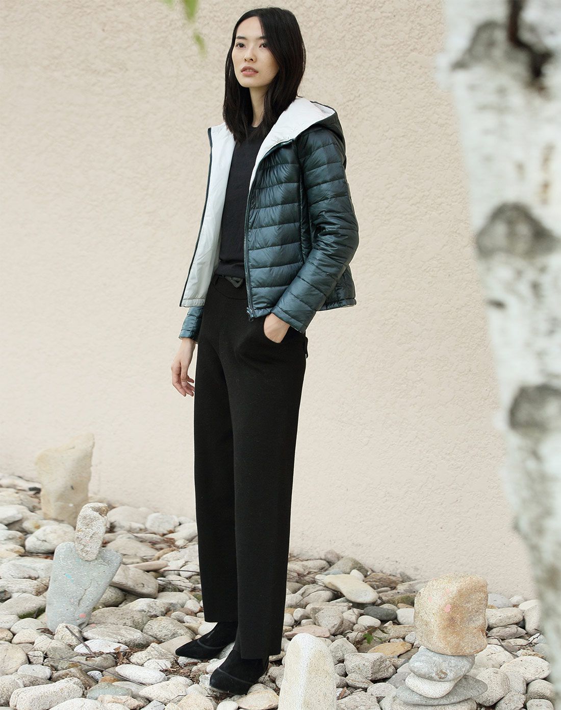 森林绿文艺印花双面穿连帽羽绒服