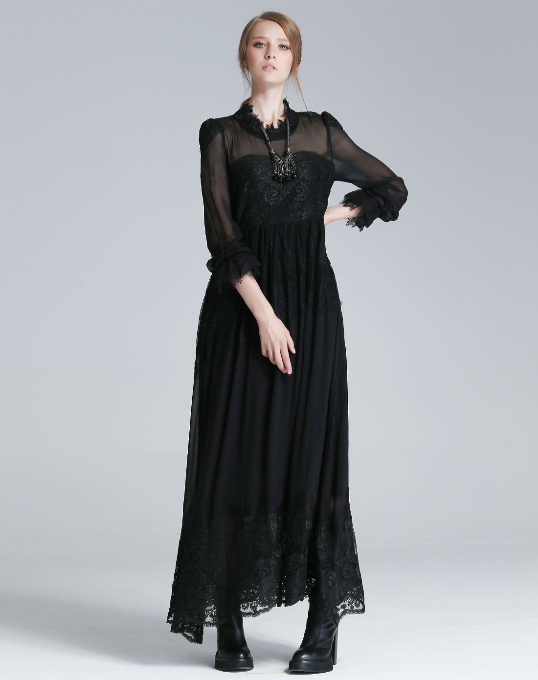 复古唯美蕾丝雪纺连身长裙黑色