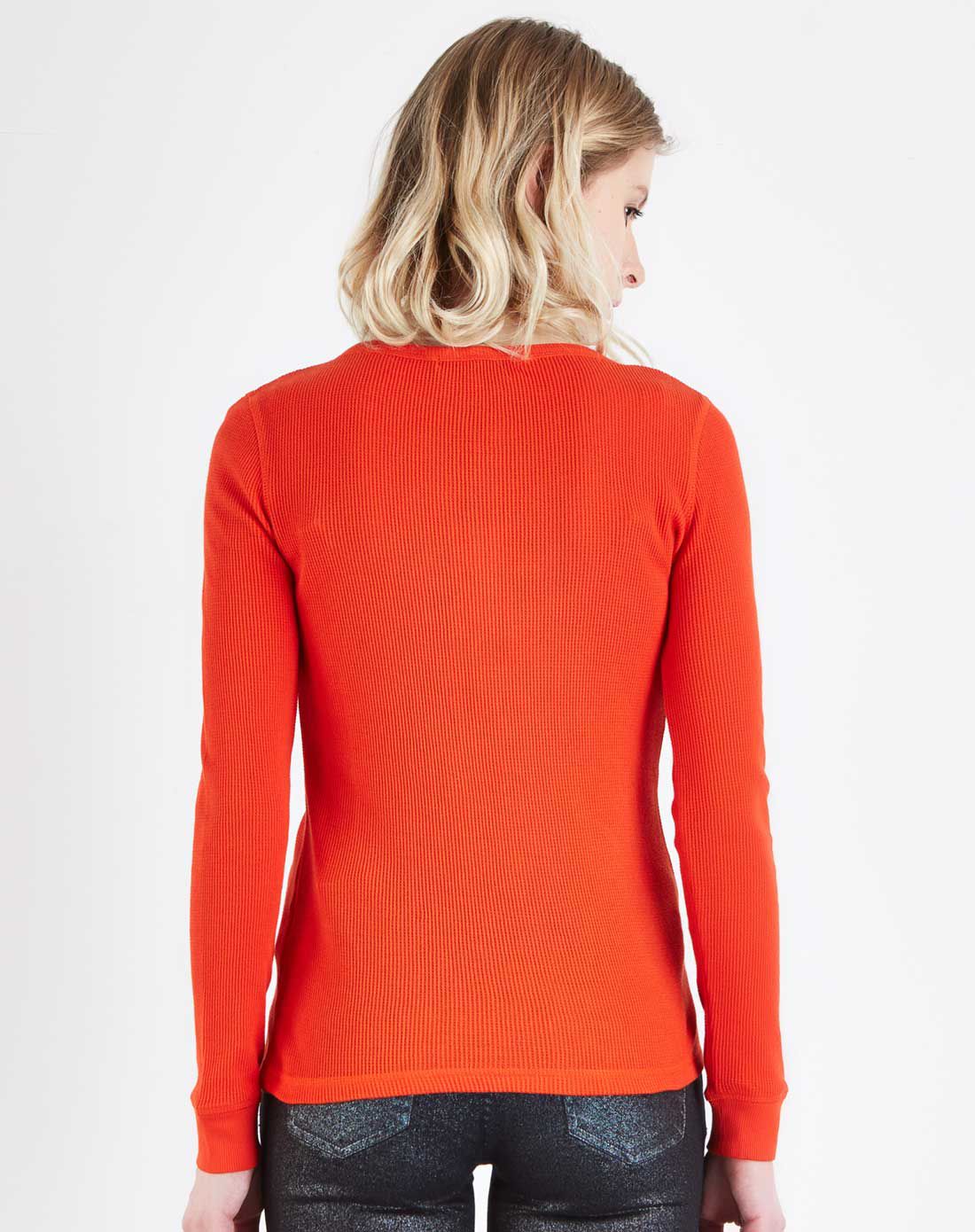 荧光红修身纯棉针织纯色长袖t恤