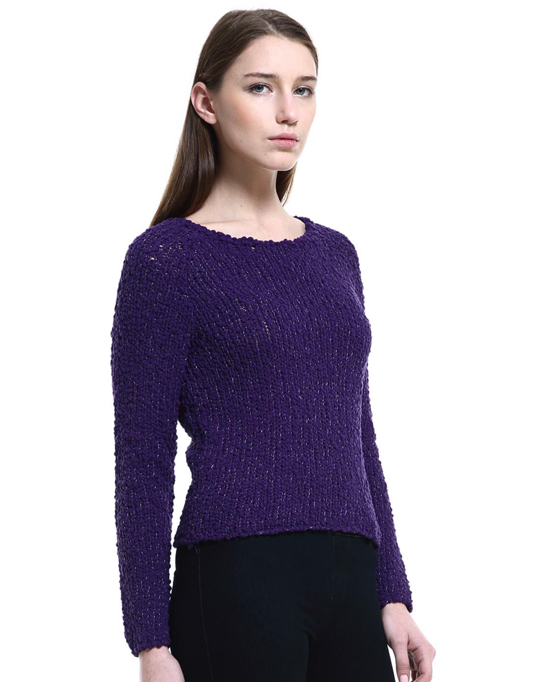 茄皮紫圆领长袖毛织套衫