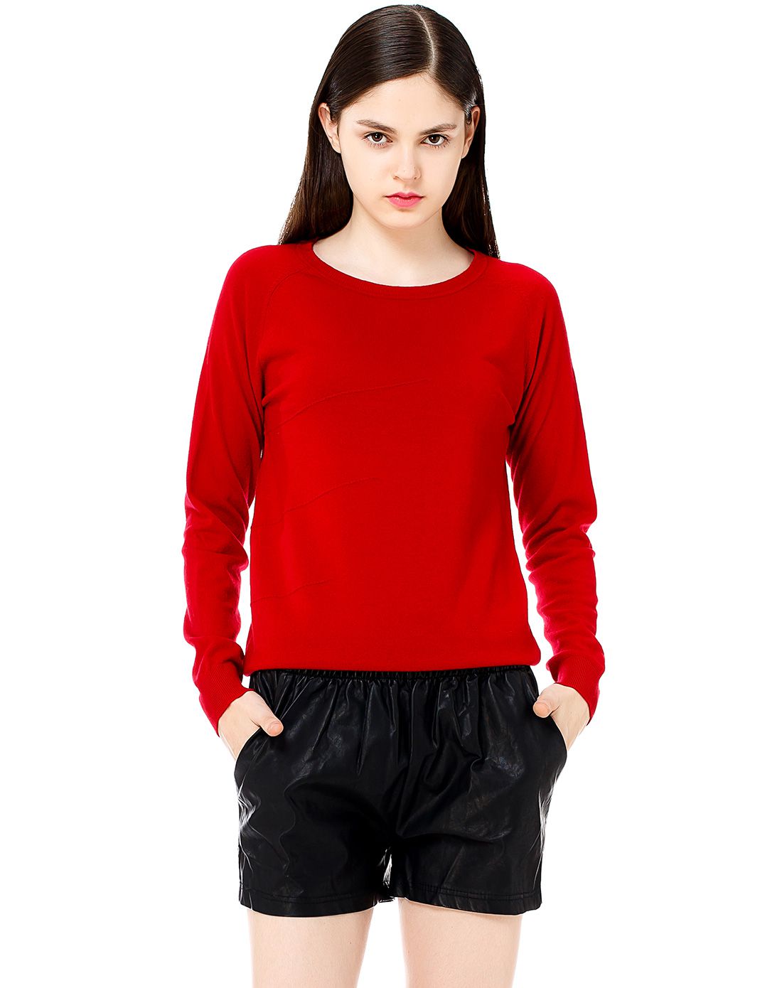 女大红纯色100%羊毛插肩袖圆领套衫