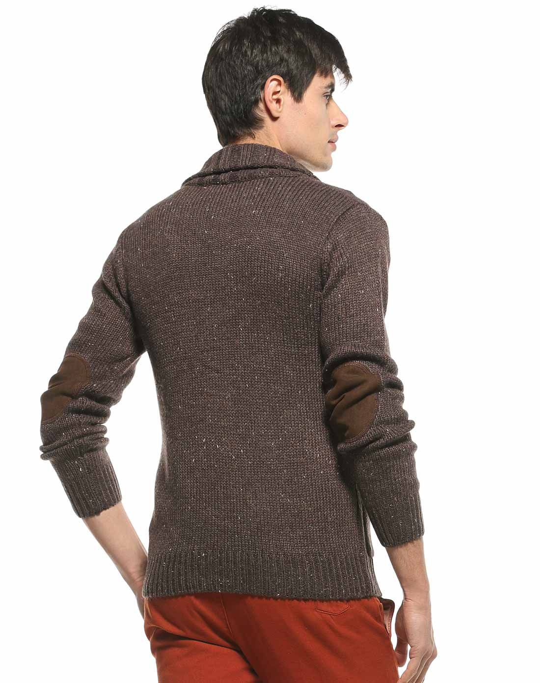 深咖色经典复古休闲纯色纽扣开衫