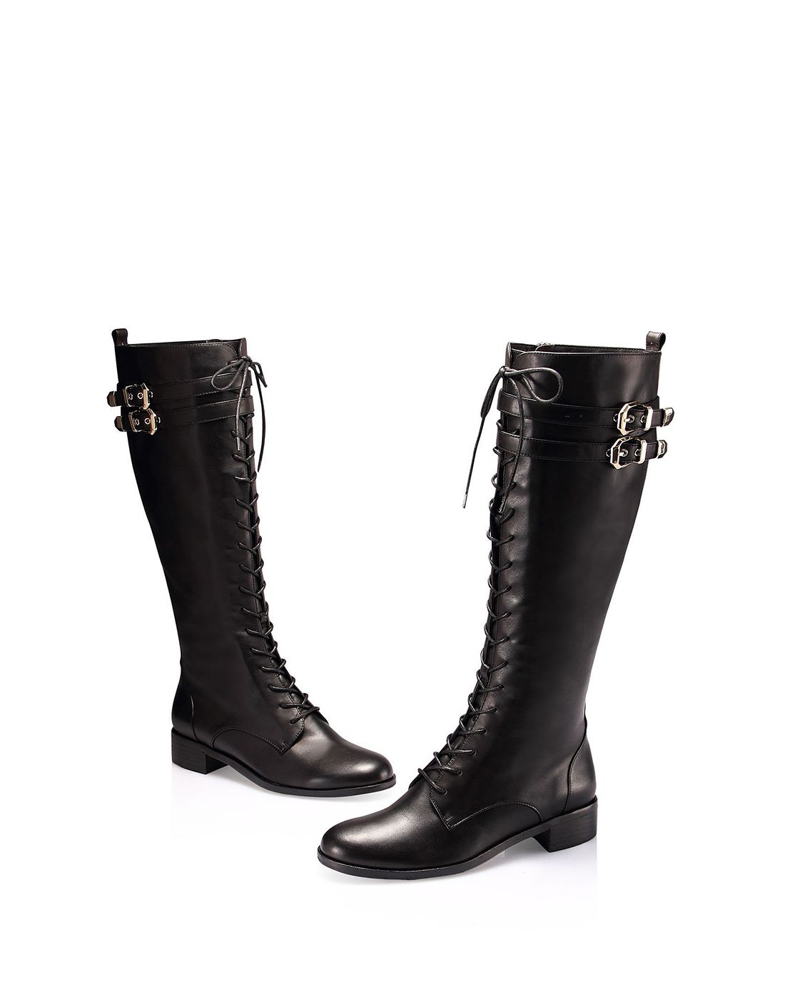 黑色时尚复古皮带扣饰绑带长靴