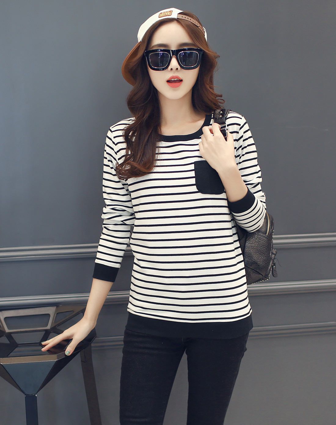 黑白条 女款时尚长袖t恤