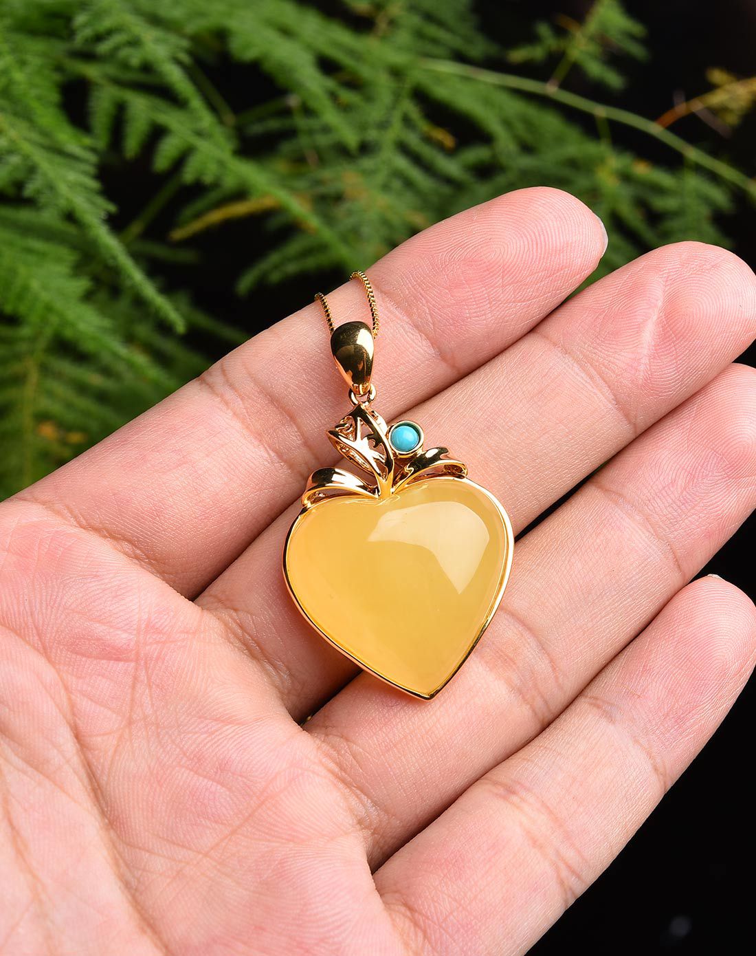 亿珍阁 925银镀金饱满心形琥珀蜜蜡吊坠附证书