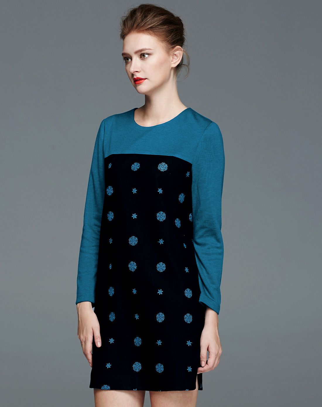 奥菲曼/ofiman女款时尚拼接小雪花合体优雅连衣裙b2-w5199-6cc_唯品会