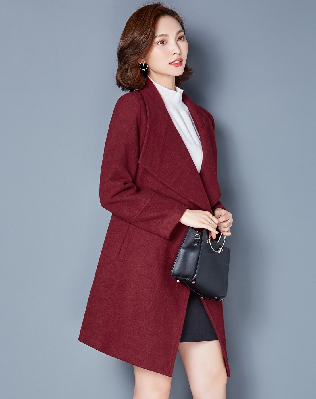 迹忆tracememory女暗红色时尚简约显瘦一粒扣中长款呢大衣yw6508026dy