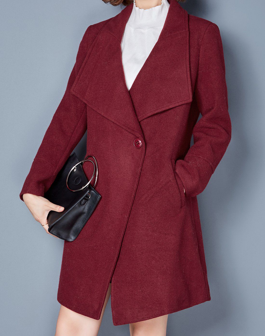 迹忆tracememory女暗红色时尚简约显瘦一粒扣中长款呢大衣yw6508026dy