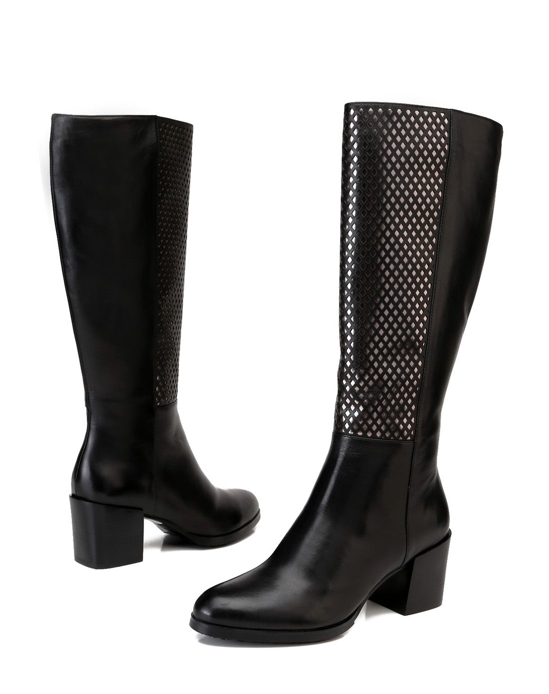 个性时尚黑色牛皮革中跟高靴(北方筒)