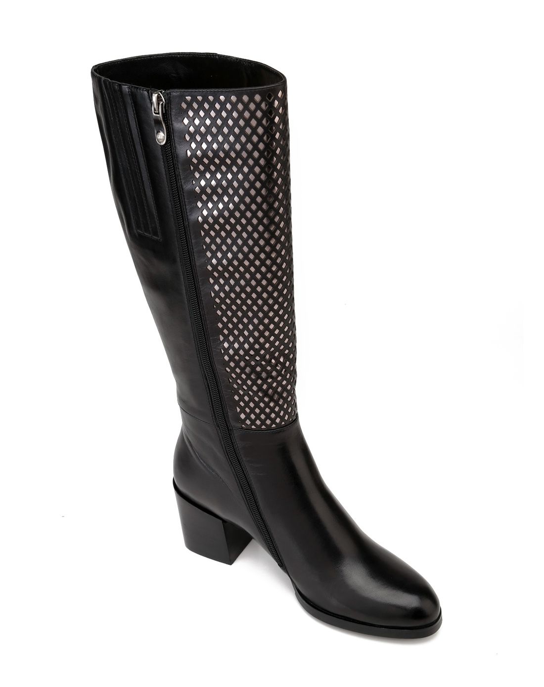 个性时尚黑色牛皮革中跟高靴(北方筒)